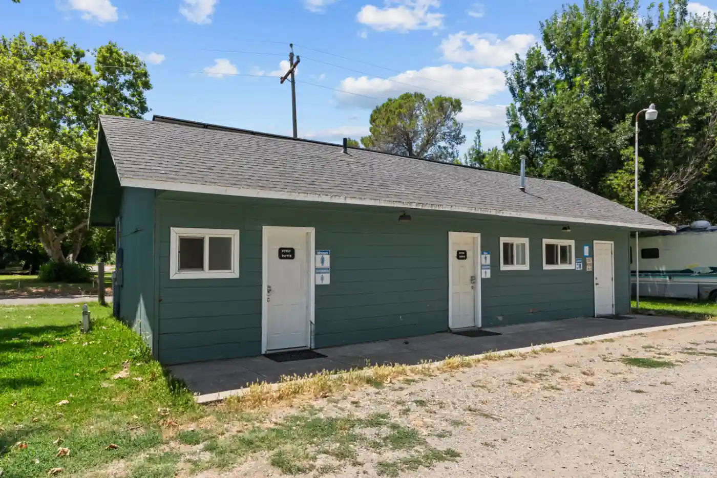 The clubhouse and shaded common area for residents at Hidden Harbor Marina & RV Park