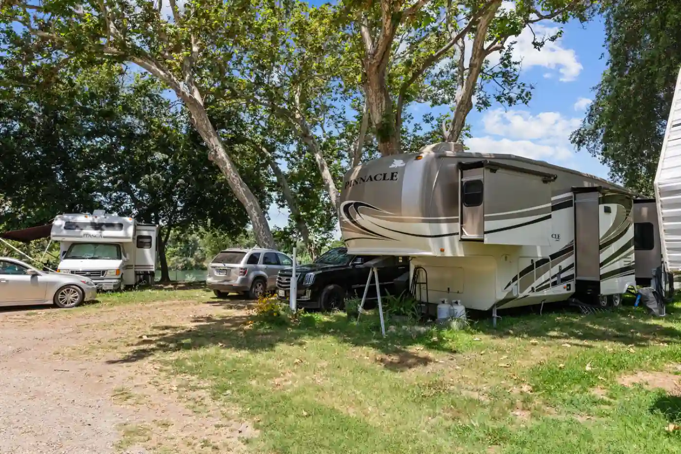 A full-hookup RV space with a picnic table under sycamore shade near the Sacramento River at Hidden Harbor